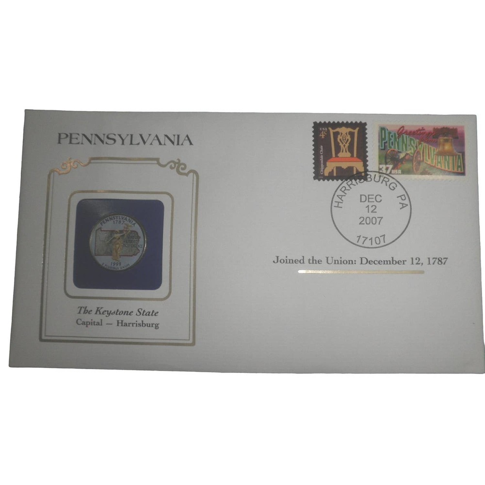 PENNSYLVANA COLORIZED QUARTER & FIRST DAY COVER BY POSTAL COMMEMORATIVE SOCIETY